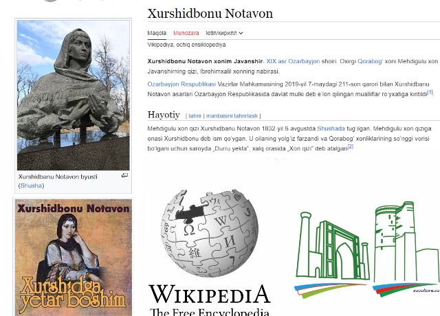 “Wikipediya”da Xurşidbanu Natəvan haqqında özbək dilində bölmə istifadəyə verilib